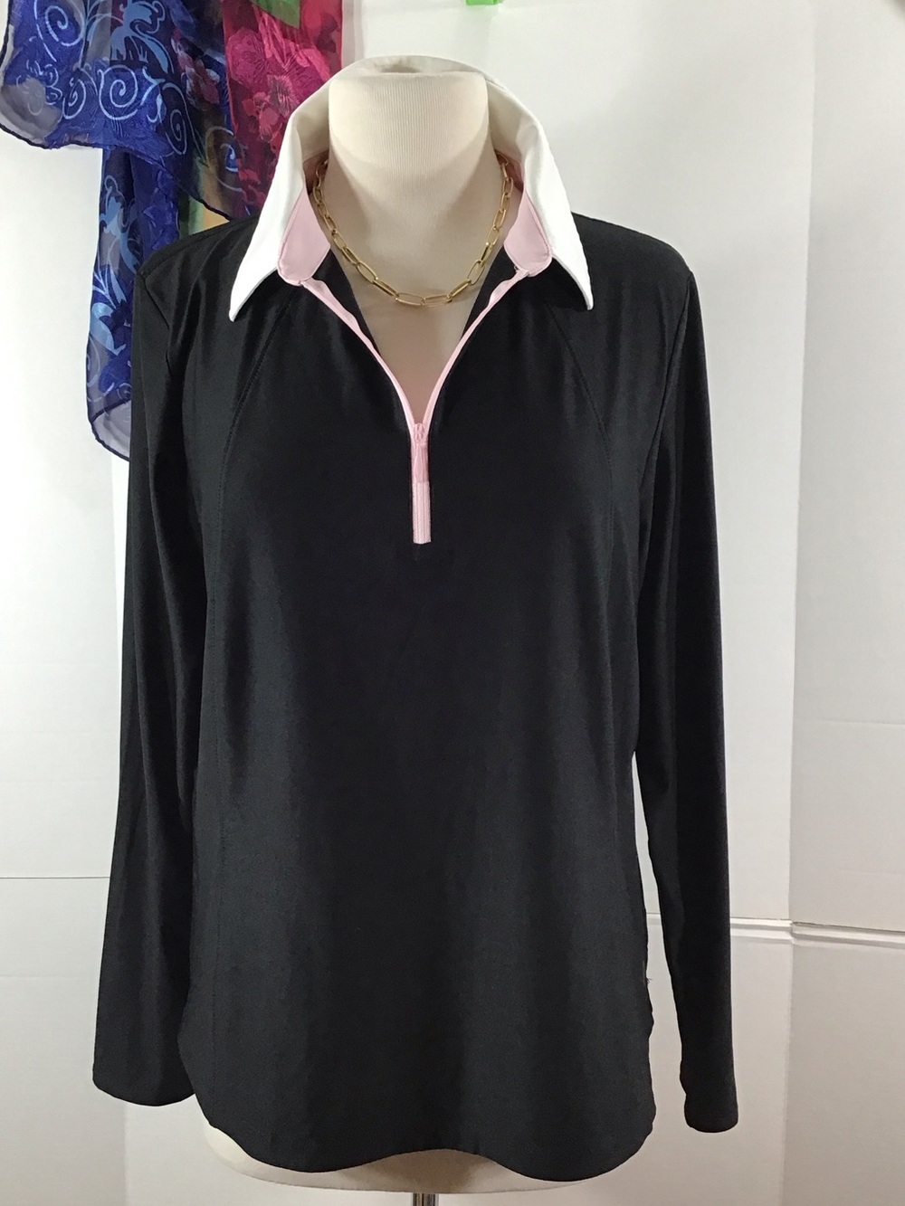 Belyn Key Black Long Sleeve zip neck Polo Top with Pink Trim and White Collar XL